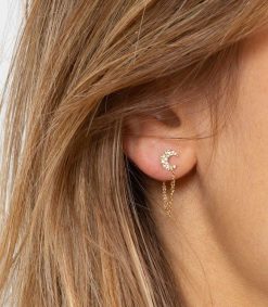 Online And... Paris Boucle D'Oreille Stud Lune Pavee Et Chaine