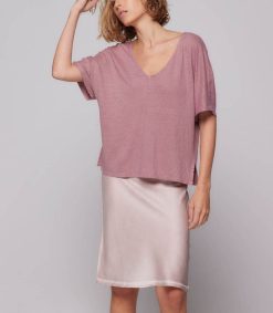 Hot Majestic Filatures Tee-Shirt Col V Manches Courtes En Lin Bois De Rose